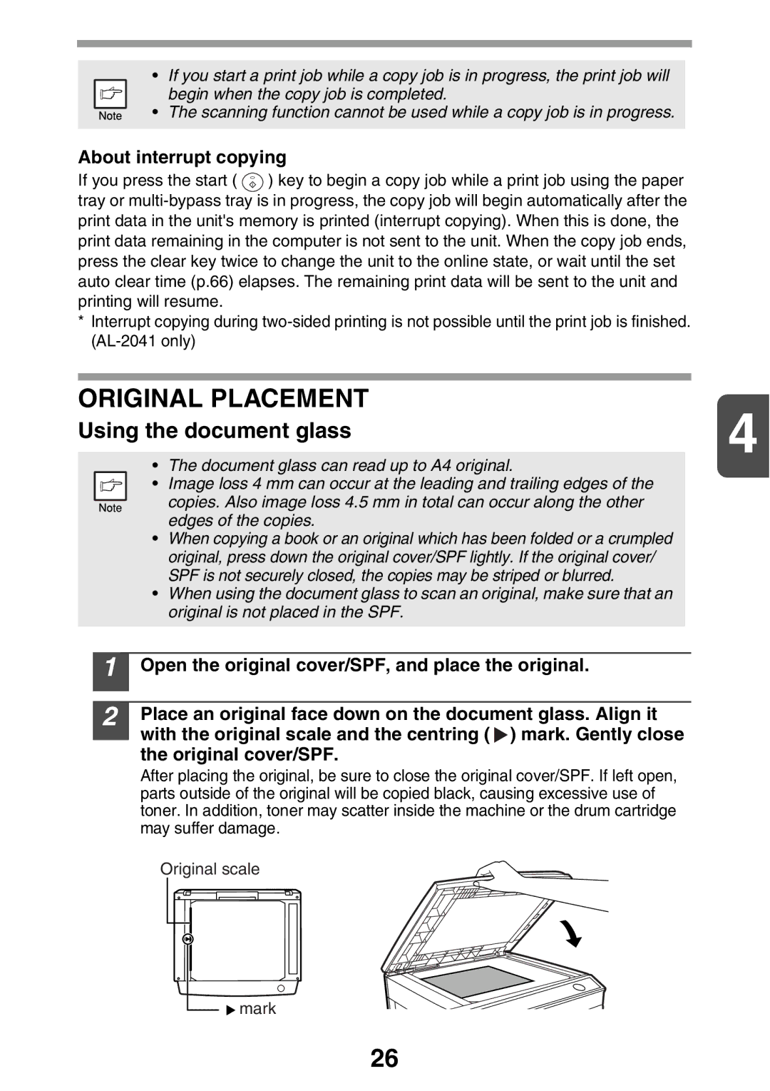 Sharp AL2041, AL2021 manual Original Placement, About interrupt copying 