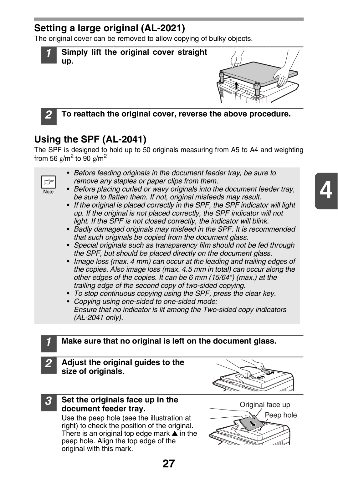 Sharp AL2021, AL2041 manual Setting a large original AL-2021, Using the SPF AL-2041, Document feeder tray 