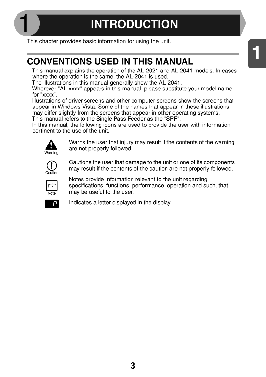 Sharp AL2021, AL2041 manual Introduction, Conventions Used in this Manual 