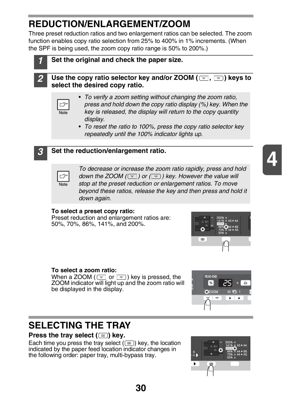 Sharp AL2041 Reduction/Enlargement/Zoom, Selecting the Tray, Press the tray select key, To select a preset copy ratio 