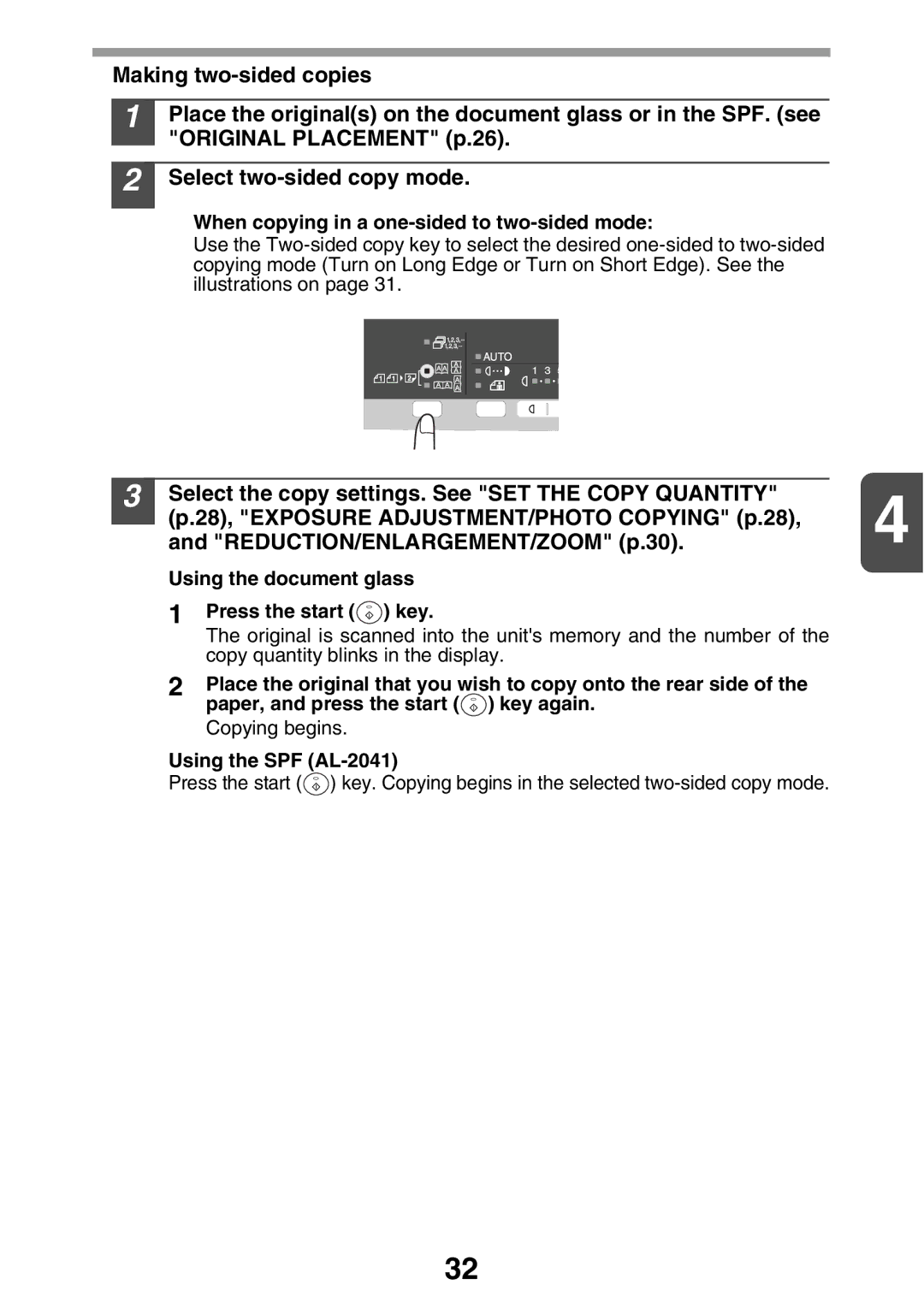 Sharp AL2041, AL2021 manual When copying in a one-sided to two-sided mode, Using the document glass Press the start key 