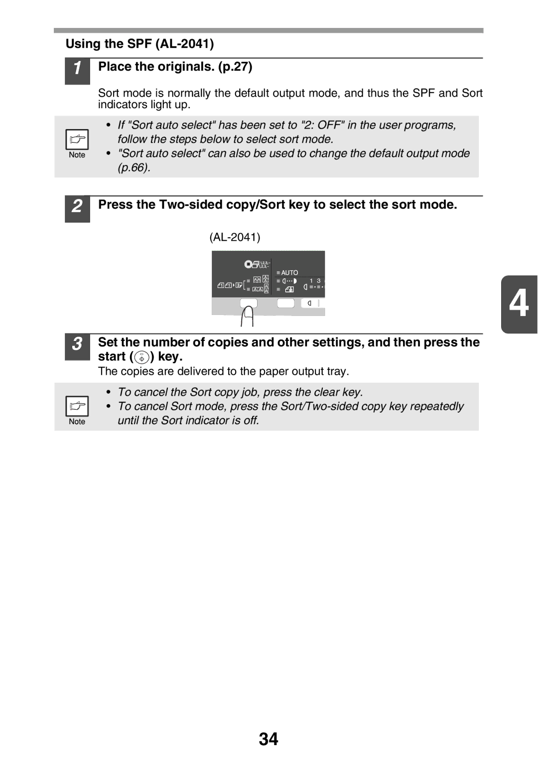 Sharp AL2041 Using the SPF AL-2041 Place the originals. p.27, Press the Two-sided copy/Sort key to select the sort mode 