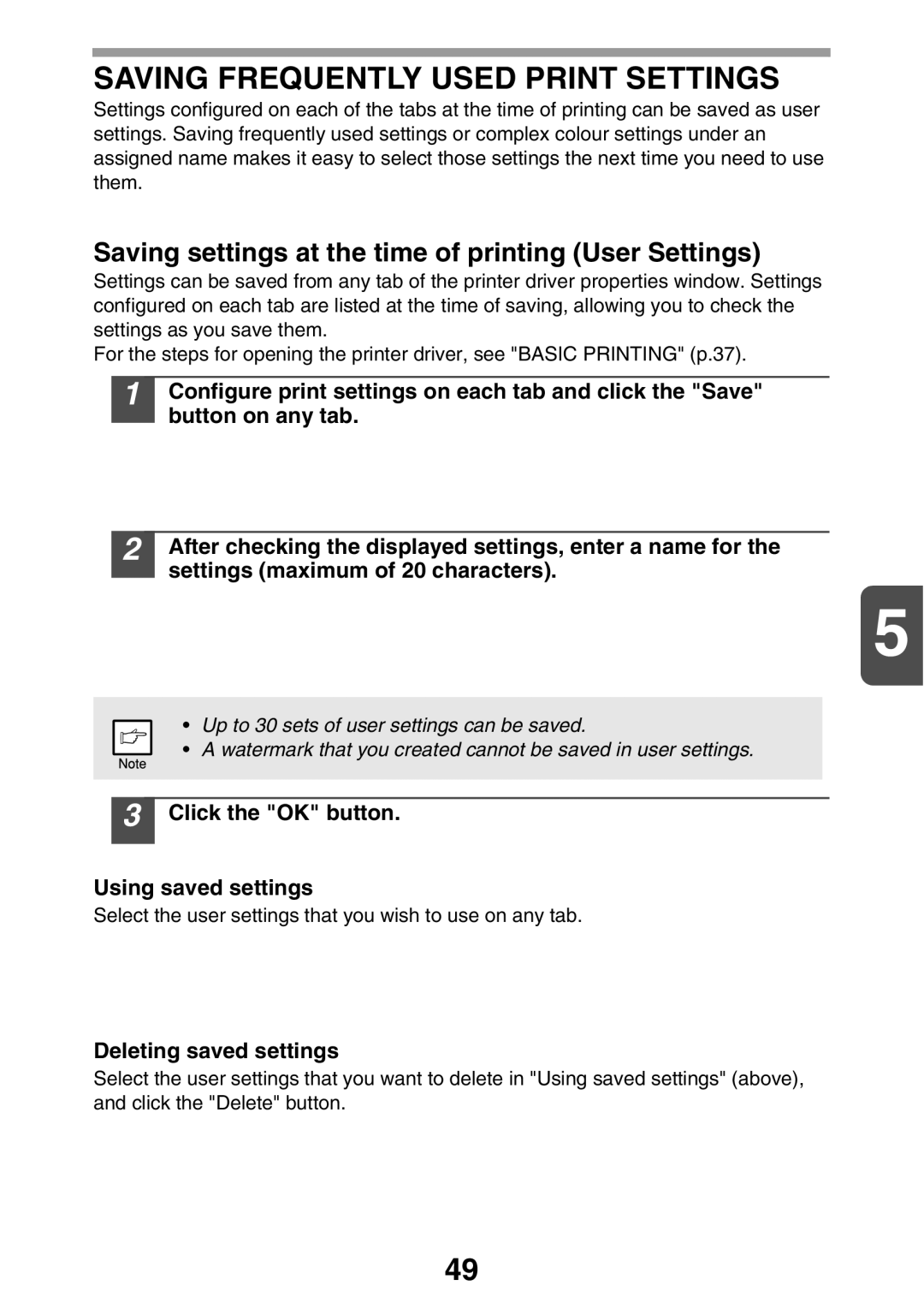 Sharp AL2021, AL2041 manual Saving Frequently Used Print Settings, Saving settings at the time of printing User Settings 