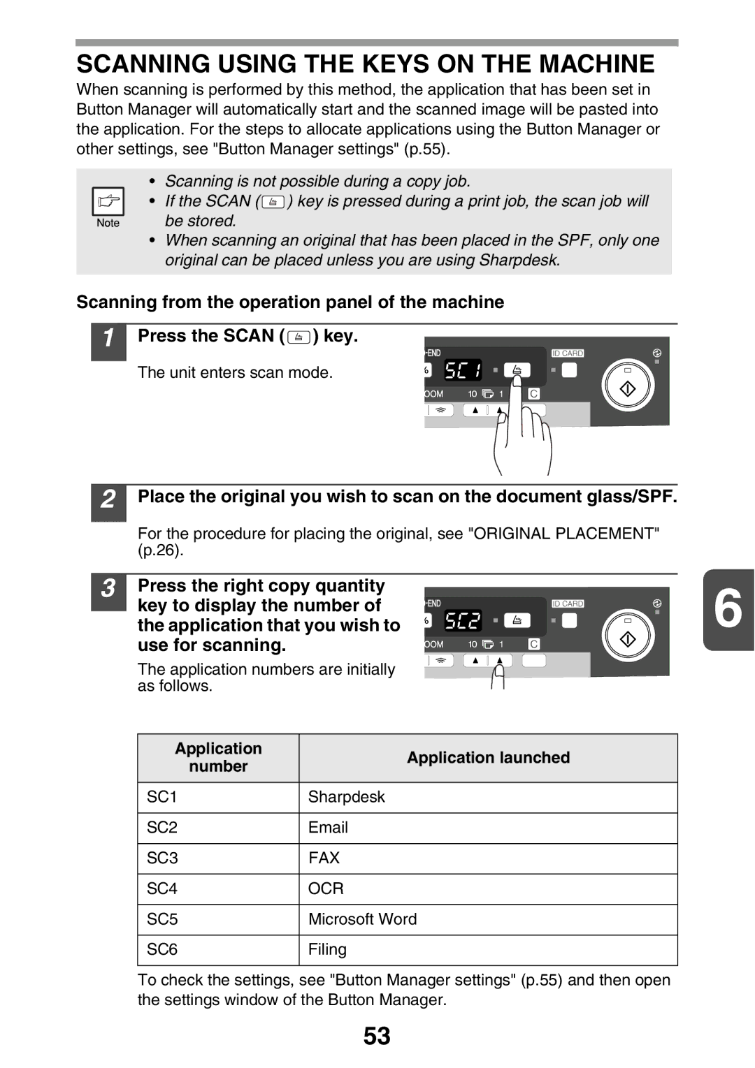 Sharp AL2021, AL2041 manual Scanning Using the Keys on the Machine, Application Application launched Number 