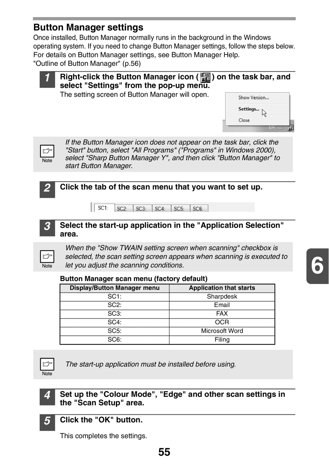 Sharp AL2021, AL2041 manual Button Manager settings, Button Manager scan menu factory default 