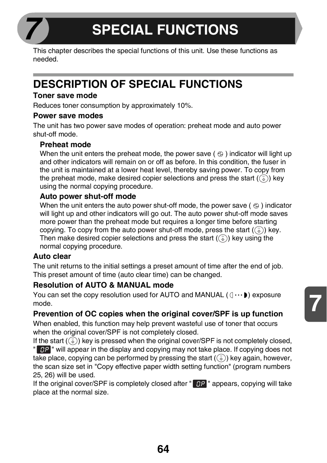 Sharp AL2041, AL2021 manual Description of Special Functions 