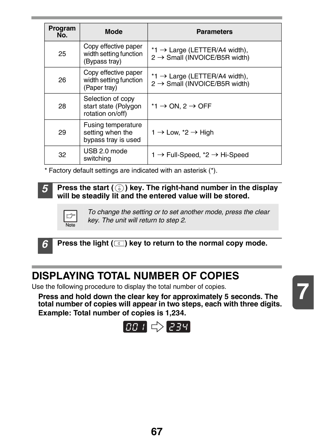 Sharp AL2021, AL2041 manual Displaying Total Number of Copies, Press the light key to return to the normal copy mode 