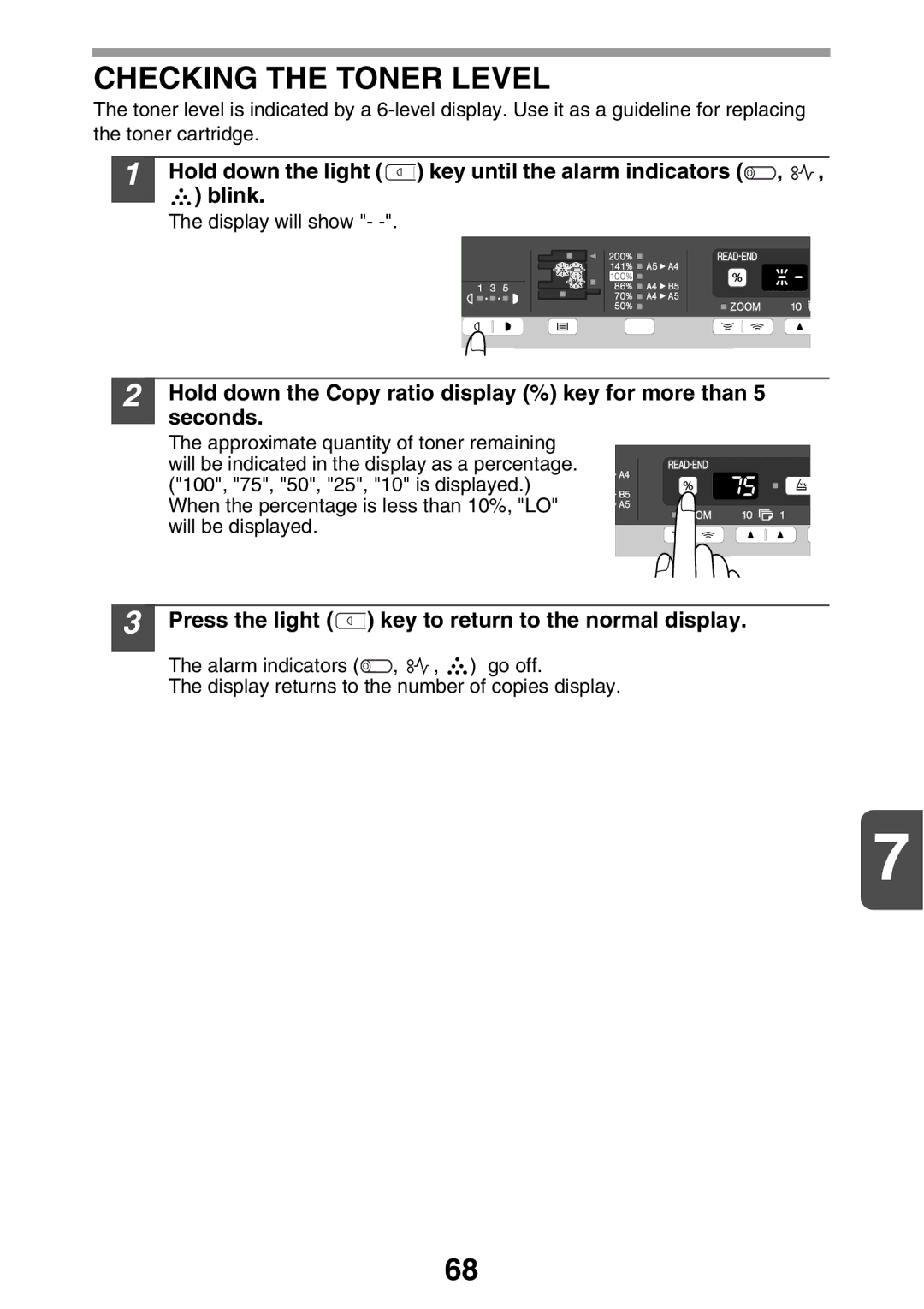 Sharp AL2041, AL2021 manual Checking the Toner Level, Press the light Key to return to the normal display 