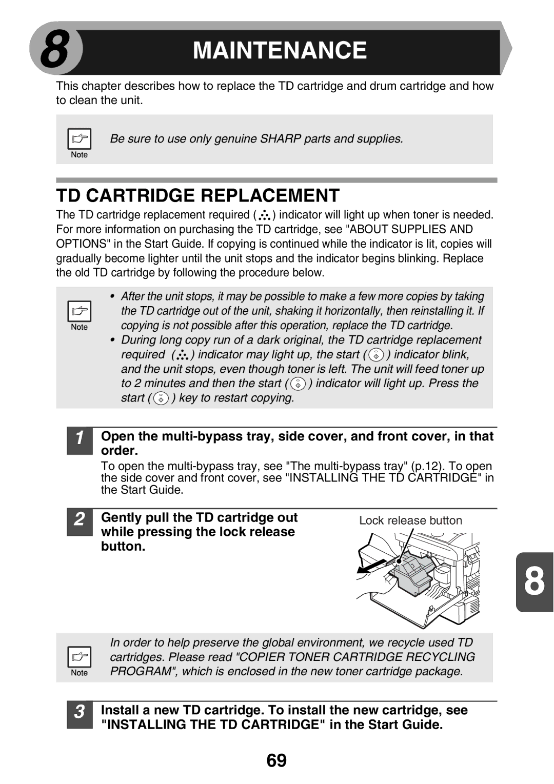 Sharp AL2021, AL2041 manual Maintenance, TD Cartridge Replacement, Gently pull the TD cartridge out, Lock release button 