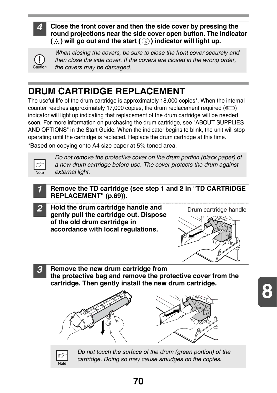 Sharp AL2041, AL2021 manual Drum Cartridge Replacement, Gently pull the cartridge out. Dispose, Drum cartridge handle 