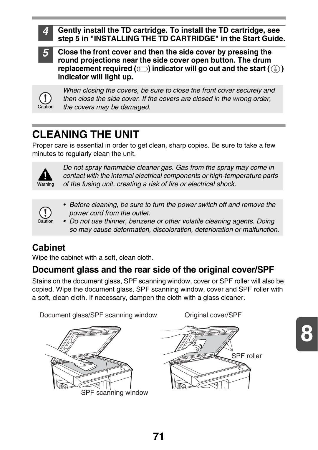 Sharp AL2021, AL2041 manual Cleaning the Unit, Cabinet, Document glass and the rear side of the original cover/SPF 