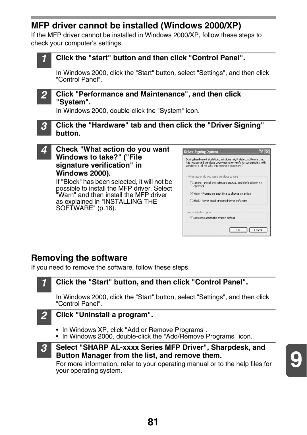 Sharp AL2021, AL2041 manual MFP driver cannot be installed Windows 2000/XP, Removing the software 