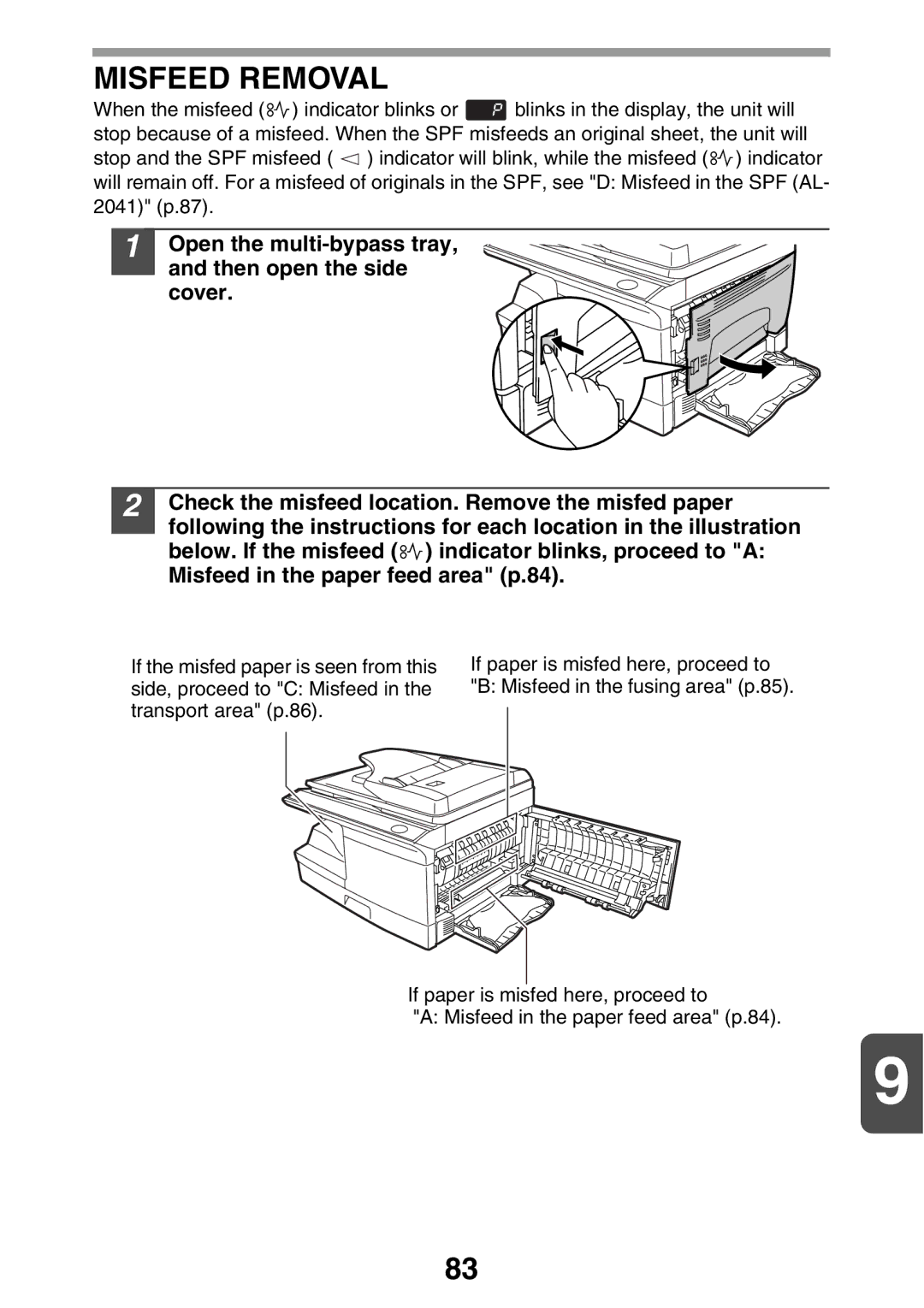 Sharp AL2021, AL2041 manual Misfeed Removal 