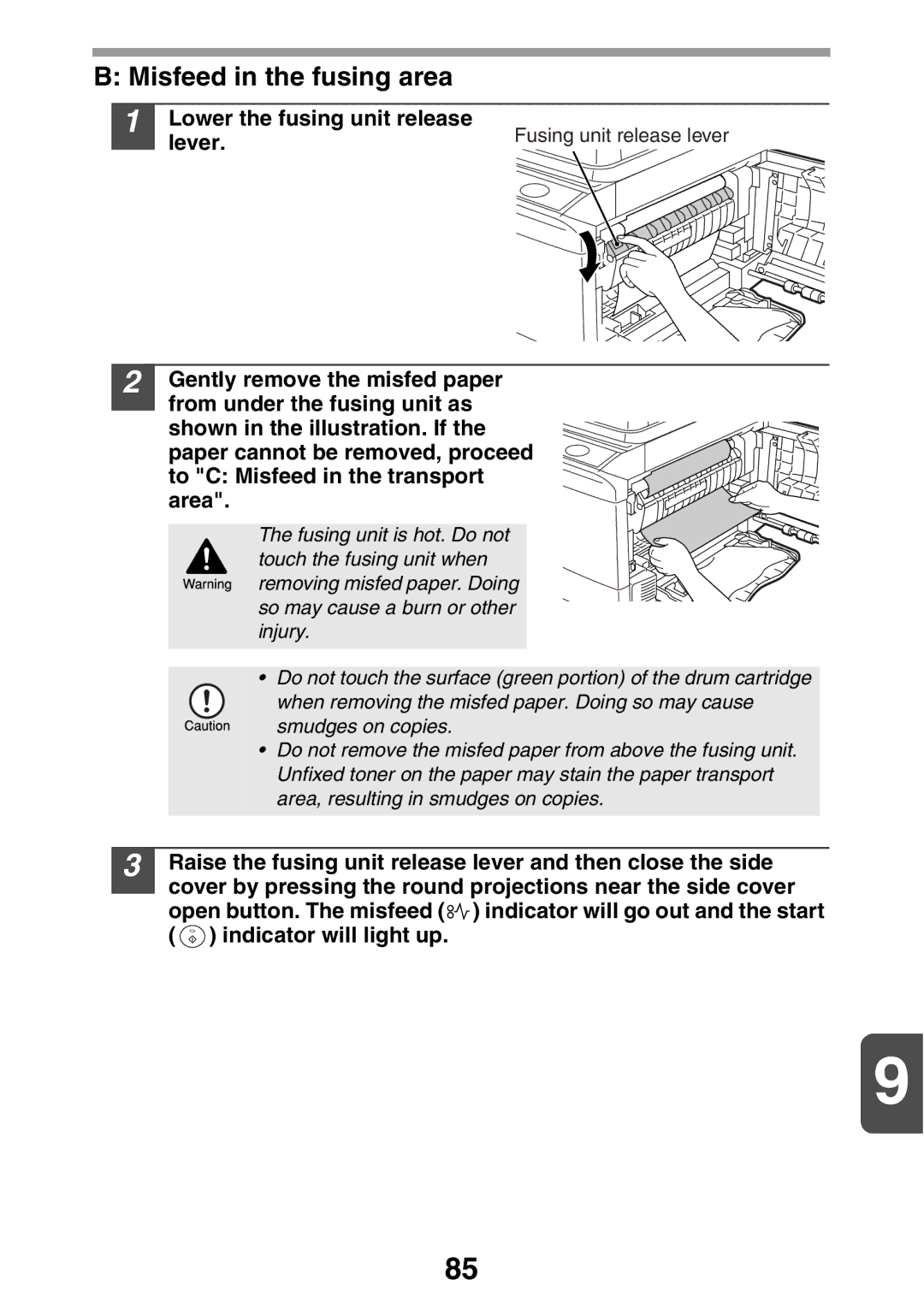 Sharp AL2021, AL2041 manual Misfeed in the fusing area, Lower the fusing unit release, Lever, Fusing unit release lever 