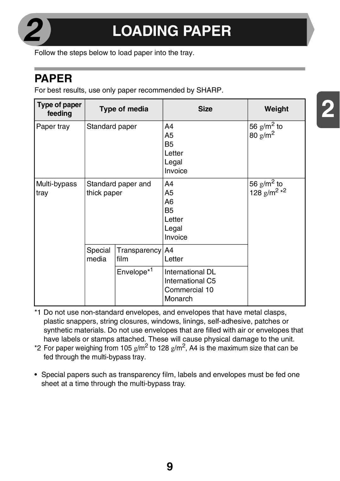 Sharp AL2021, AL2041 manual Paper, Type of paper Type of media Size Weight Feeding 