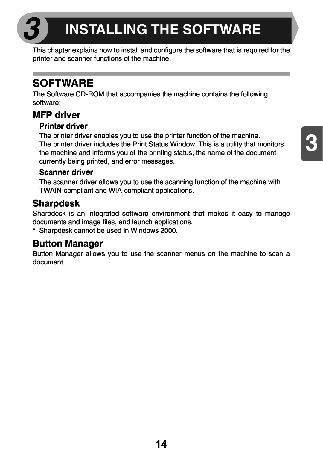 Sharp AL2041, AL2021 manual Installing The Software, Printer driver, Scanner driver 