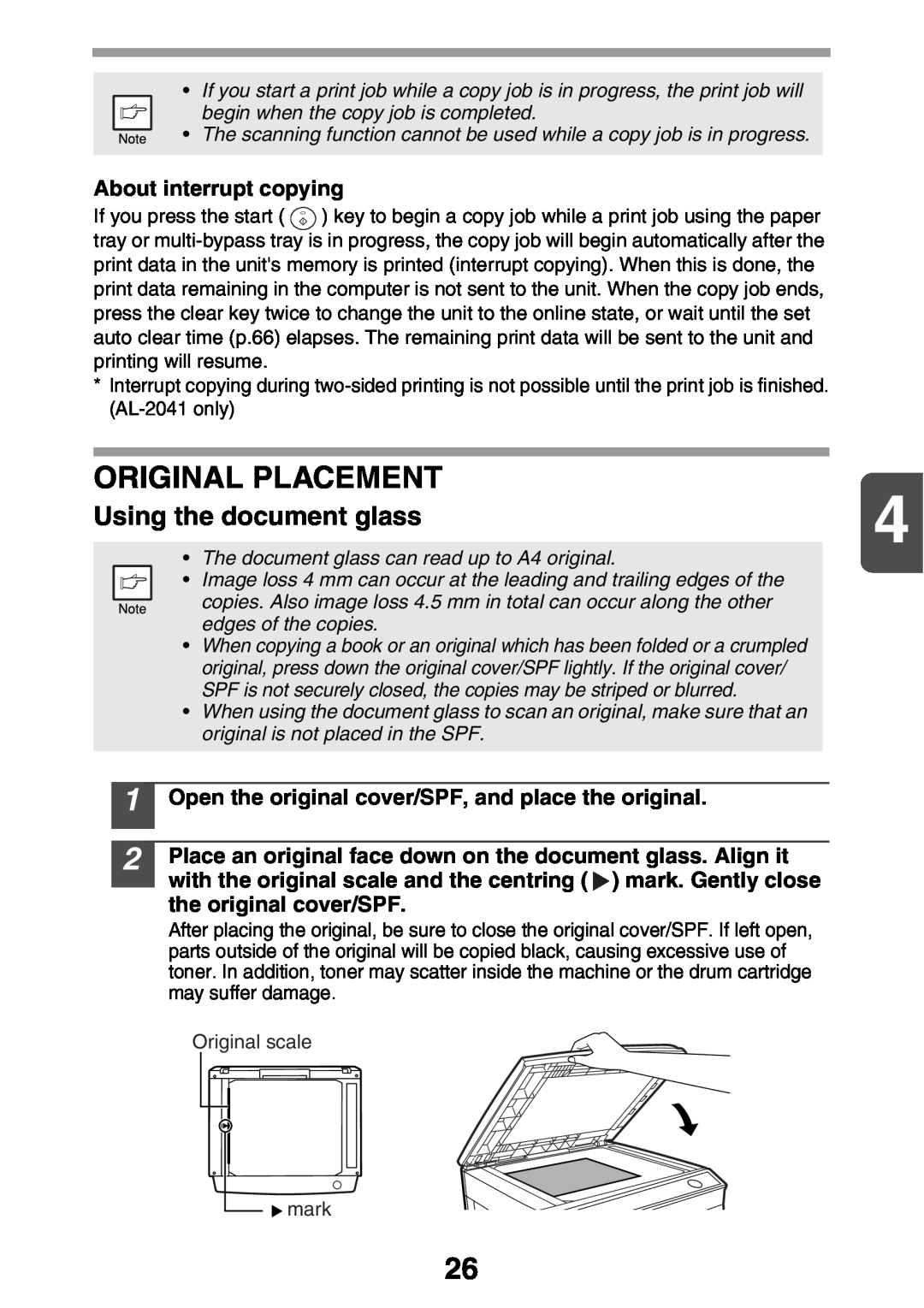 Sharp AL2041, AL2021 manual Original Placement, Using the document glass, About interrupt copying 