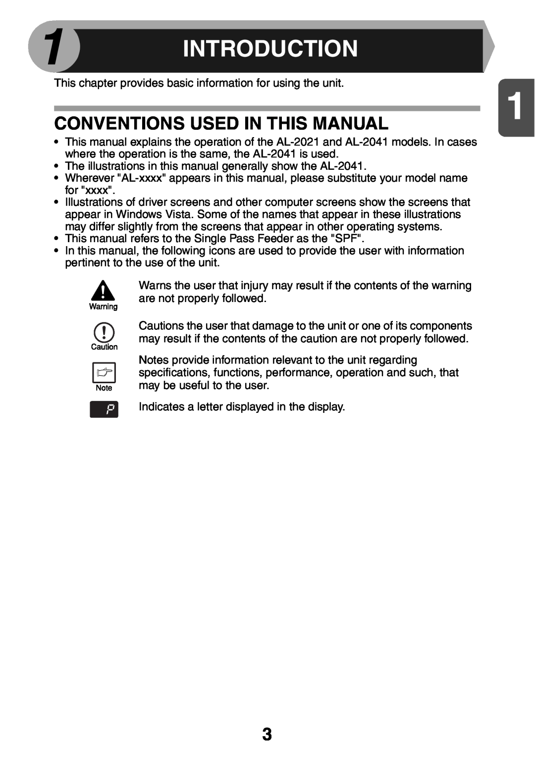 Sharp AL2021, AL2041 manual Introduction, Conventions Used In This Manual 