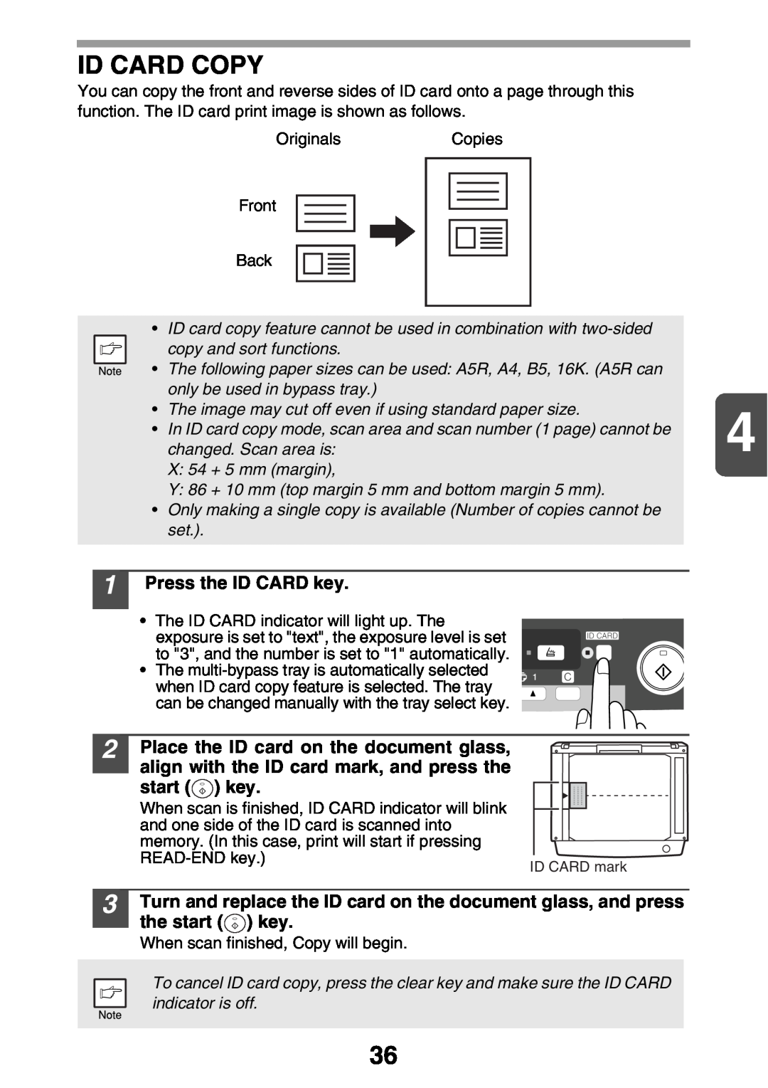 Sharp AL2041, AL2021 manual Id Card Copy, Press the ID CARD key, Place the ID card on the document glass, the start key 