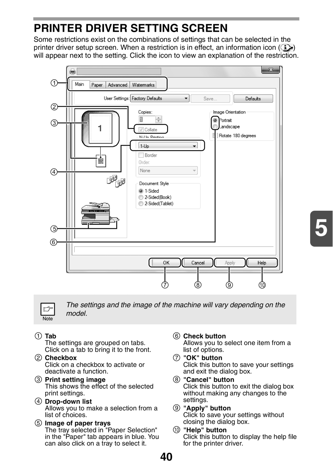 Sharp AL2041, AL2021 manual Printer Driver Setting Screen 