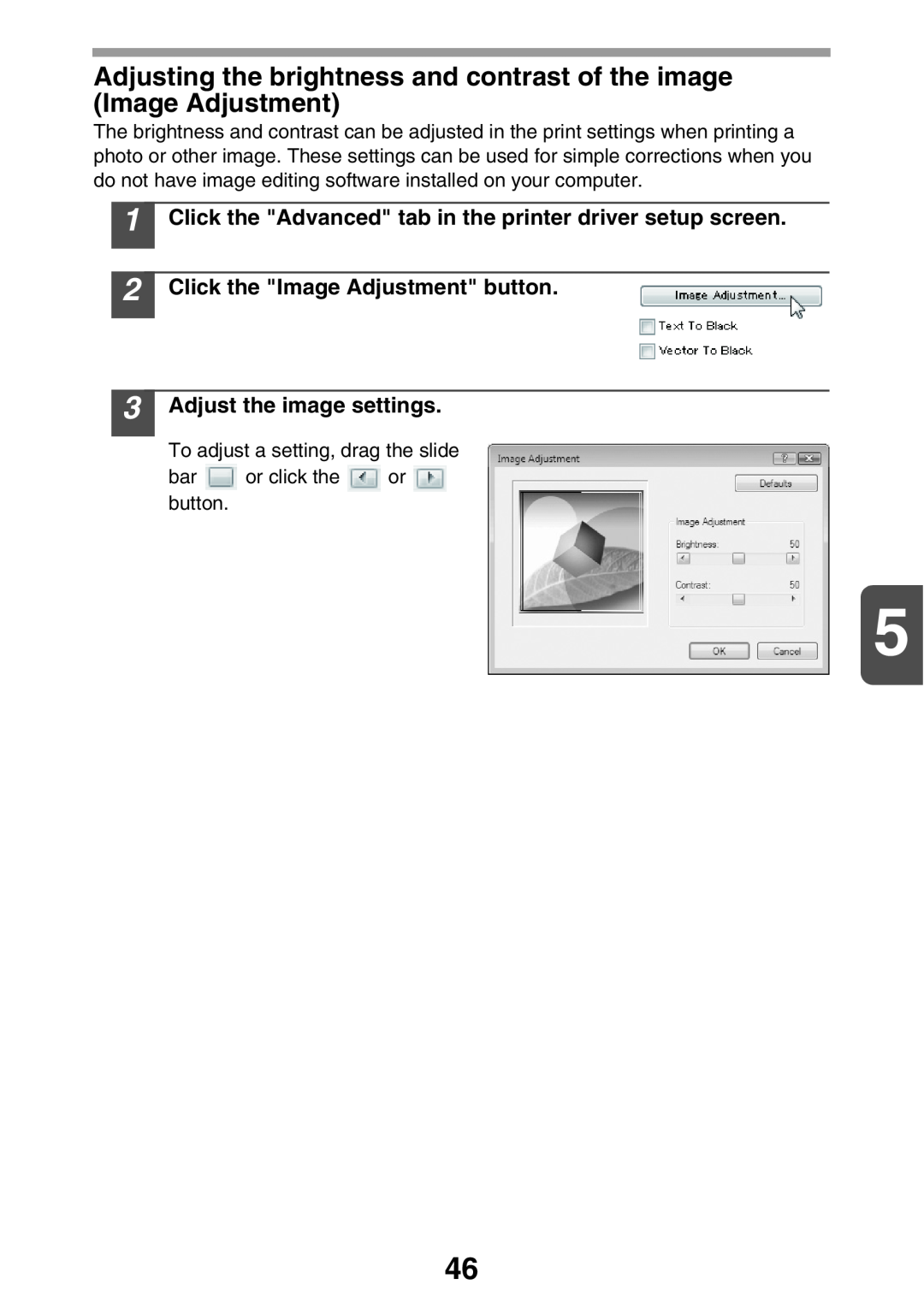 Sharp AL2041, AL2021 manual Adjusting the brightness and contrast of the image Image Adjustment 