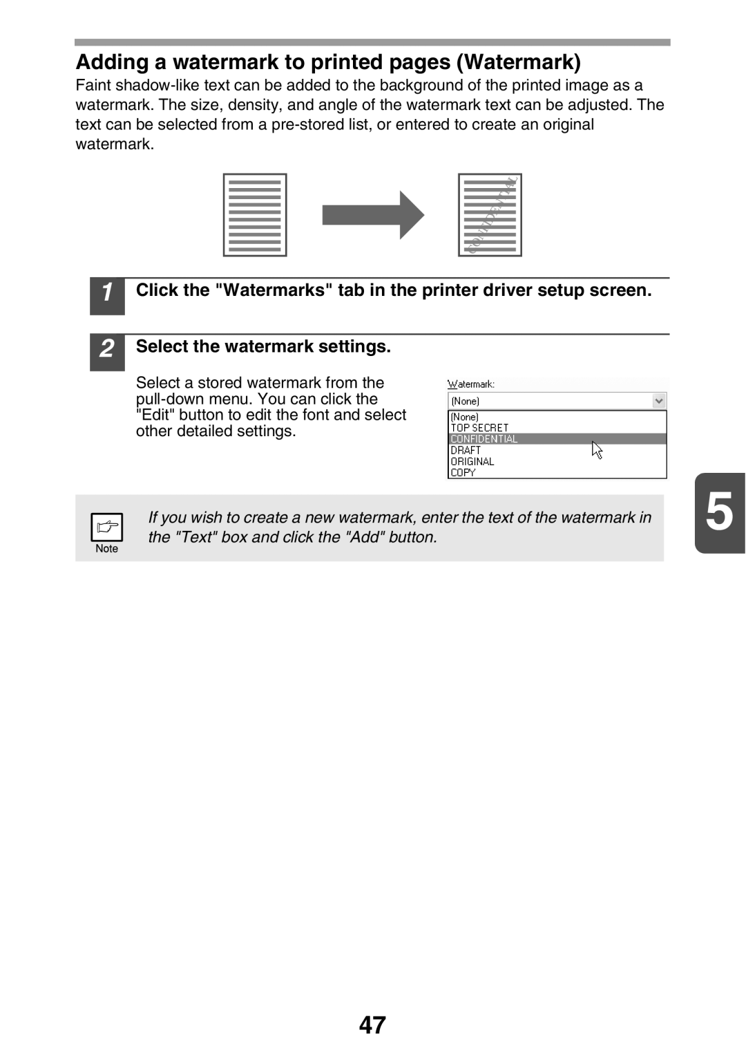 Sharp AL2021 Adding a watermark to printed pages Watermark, Click the Watermarks tab in the printer driver setup screen 