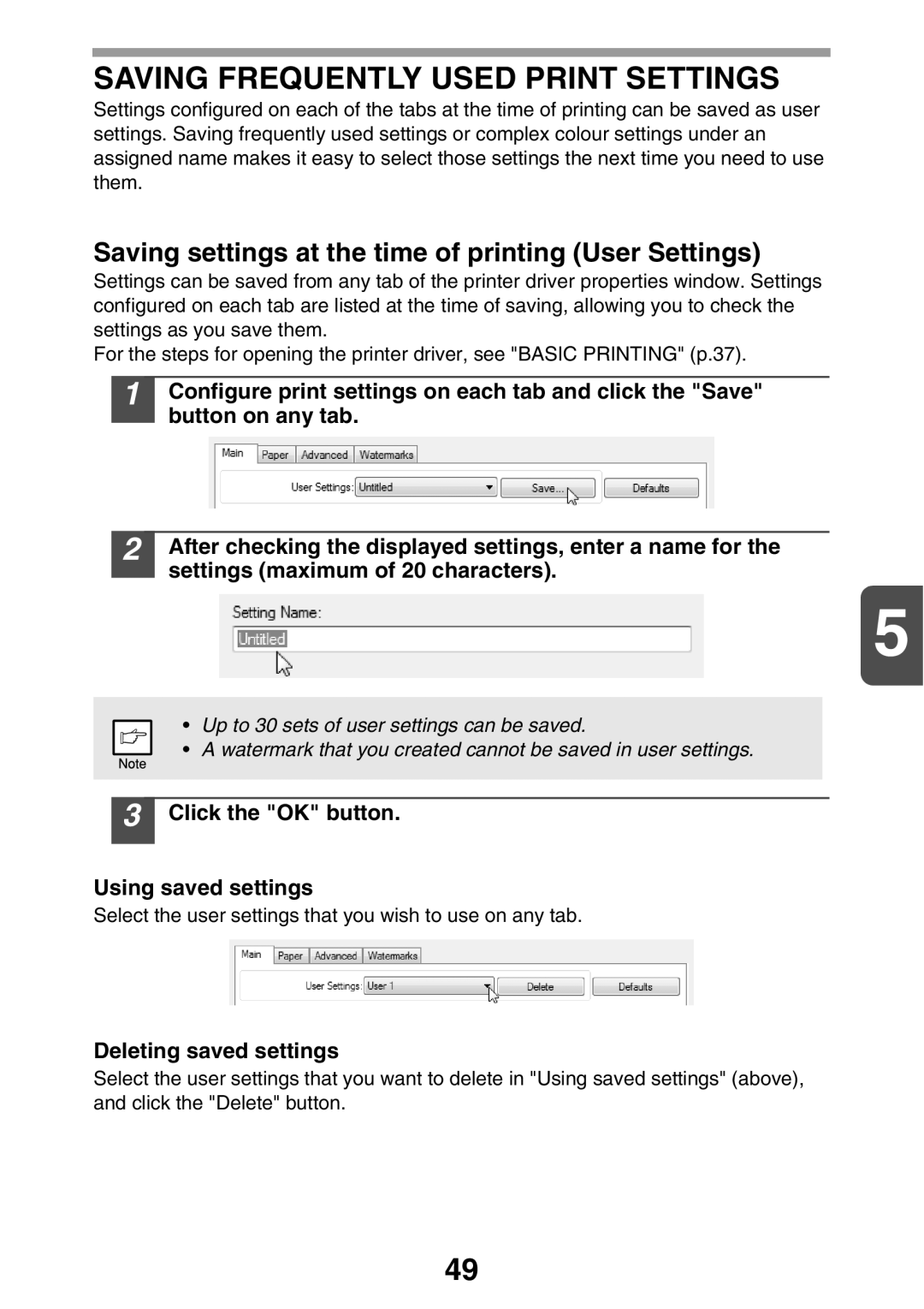 Sharp AL2021, AL2041 manual Saving Frequently Used Print Settings, Saving settings at the time of printing User Settings 