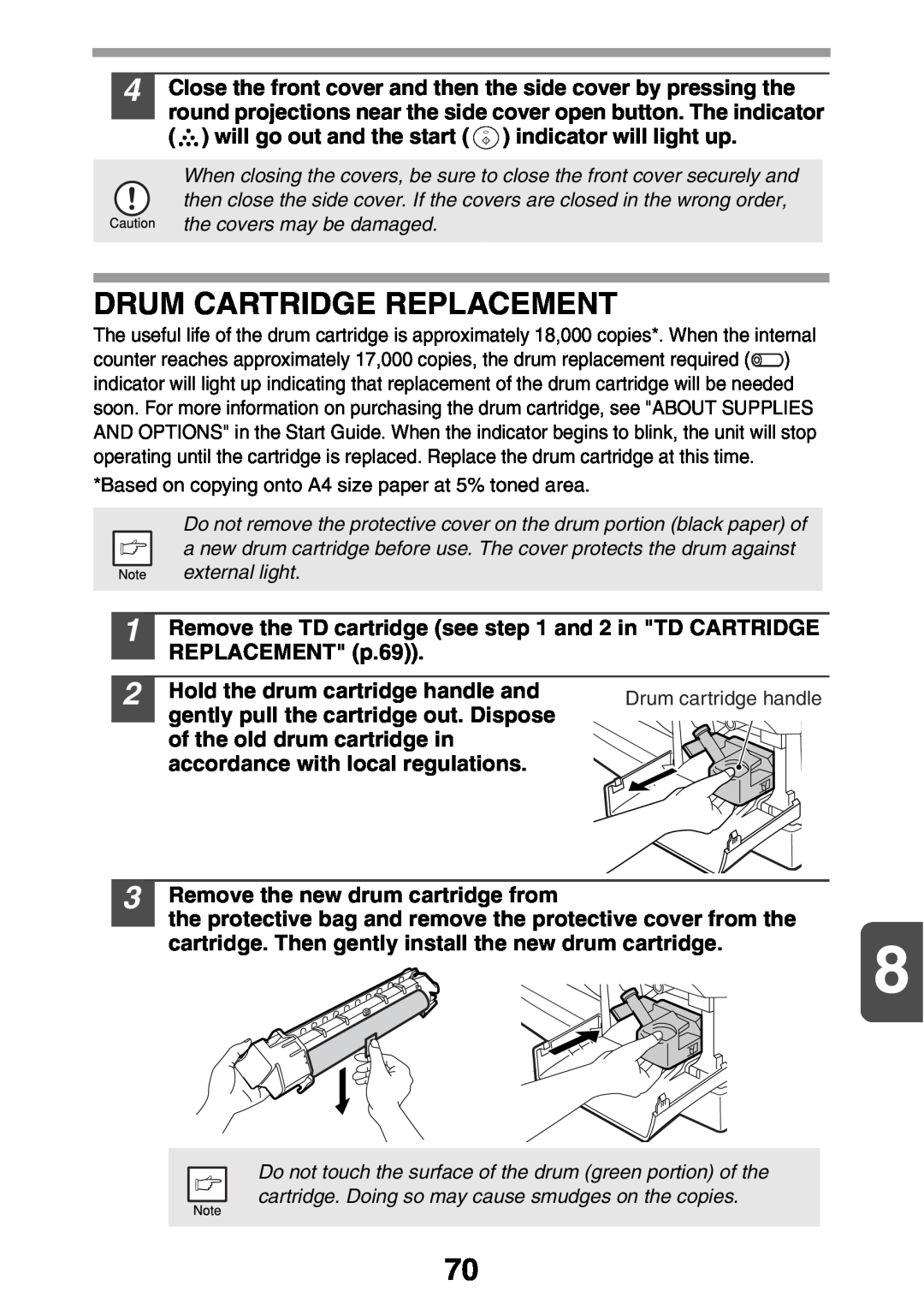 Sharp AL2041 manual Drum Cartridge Replacement, Hold the drum cartridge handle and, gently pull the cartridge out. Dispose 