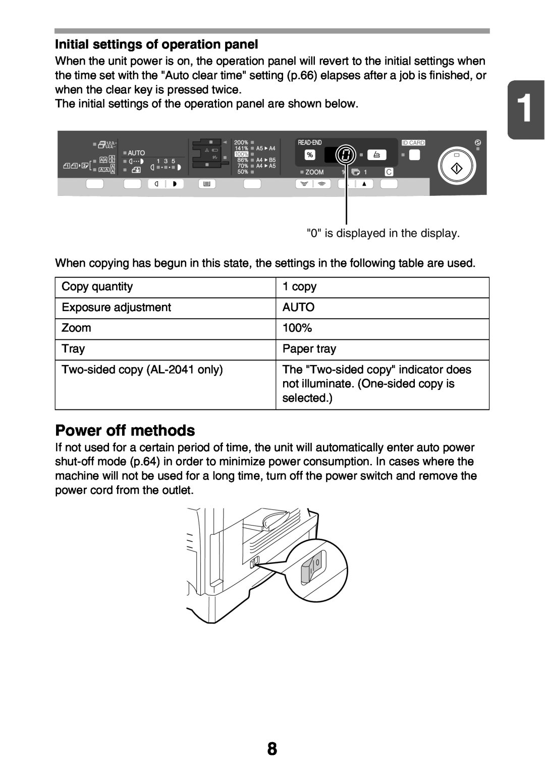 Sharp AL2041, AL2021 manual Power off methods, Initial settings of operation panel 