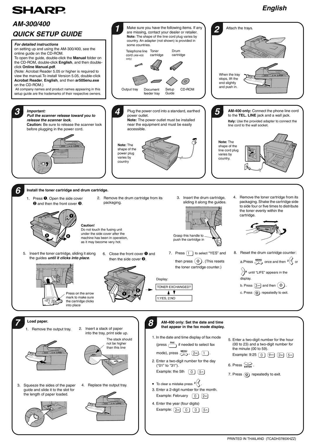 Sharp AM-300 setup guide AM-400 only Connect the phone line cord, To the TEL. Line jack and a wall jack, Load paper 