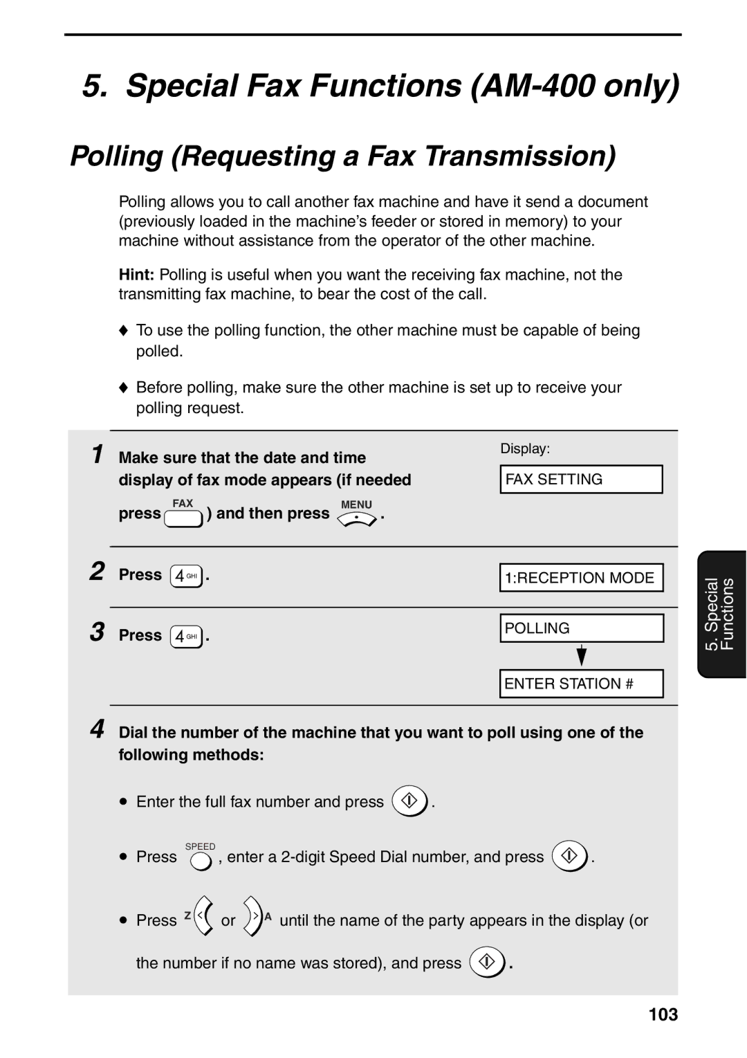 Sharp AM-300 manual Special Fax Functions AM-400 only, Polling Requesting a Fax Transmission, 103 