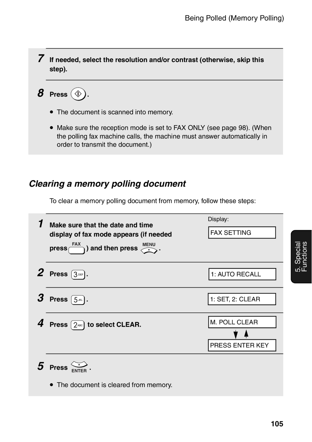 Sharp AM-300 manual Clearing a memory polling document, 105 