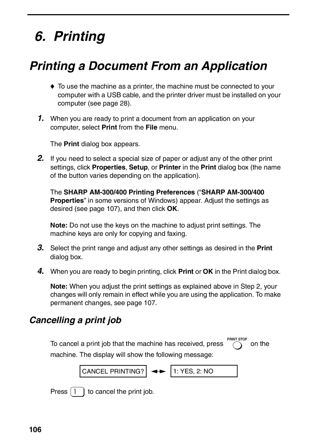 Sharp AM-300 manual Printing a Document From an Application, Cancelling a print job, 106 