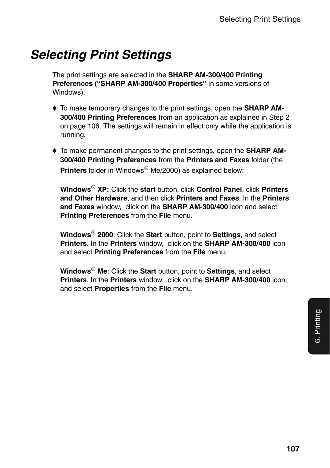 Sharp manual Selecting Print Settings, 107, Preferences Sharp AM-300/400 Properties in some versions 