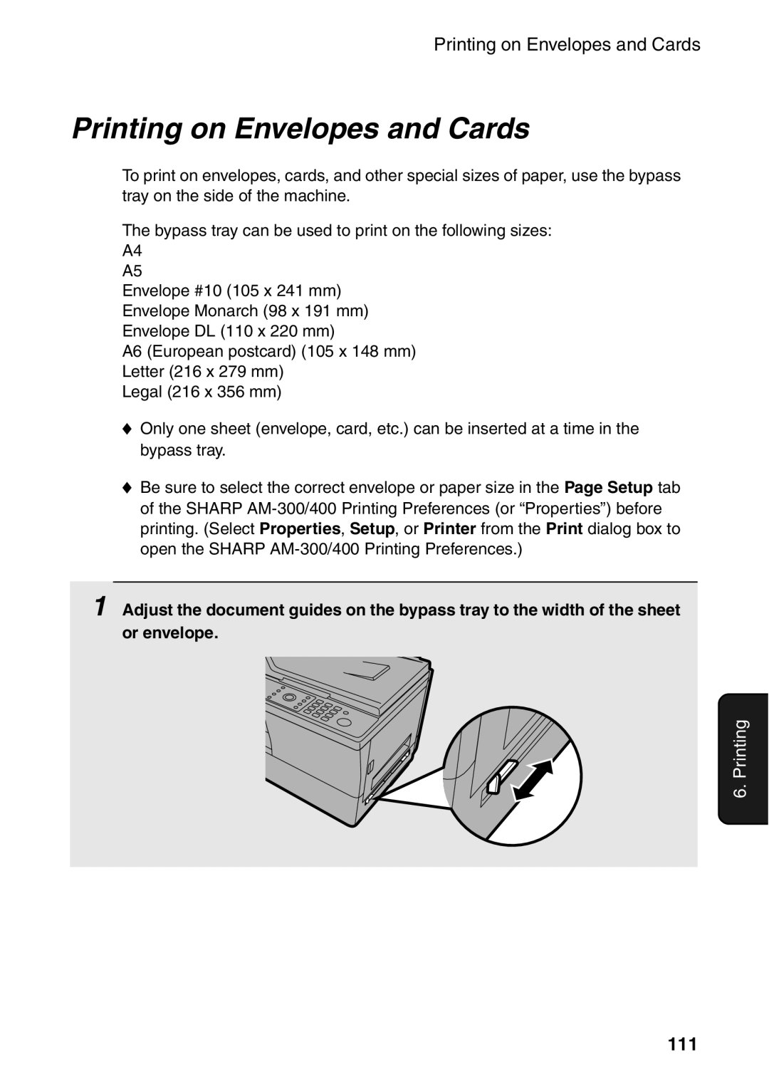 Sharp AM-300 manual Printing on Envelopes and Cards, 111 