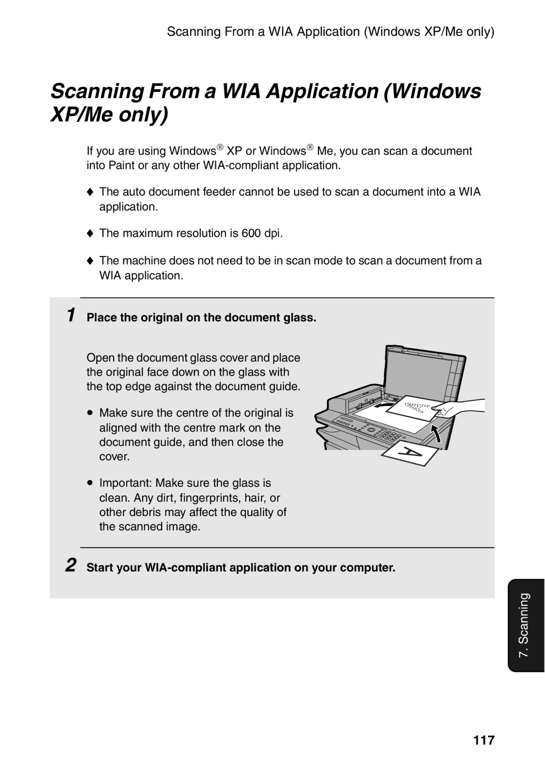 Sharp AM-300 manual Scanning From a WIA Application Windows XP/Me only, 117, Place the original on the document glass 