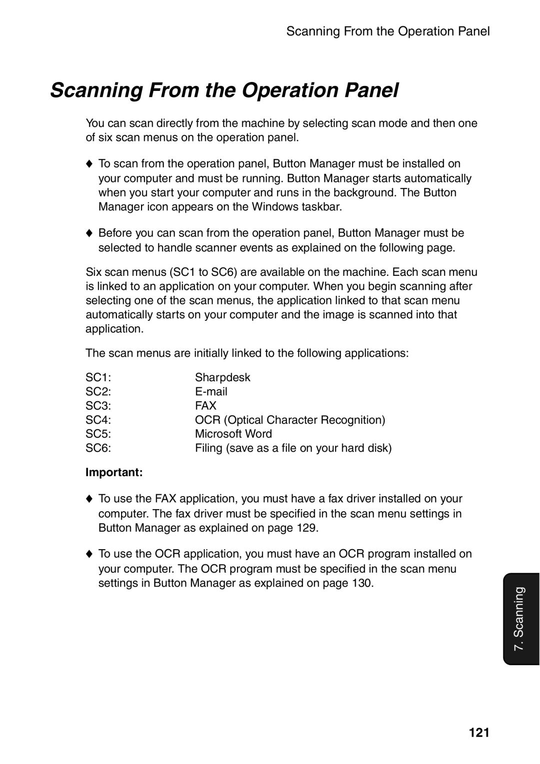 Sharp AM-300 manual Scanning From the Operation Panel, 121 