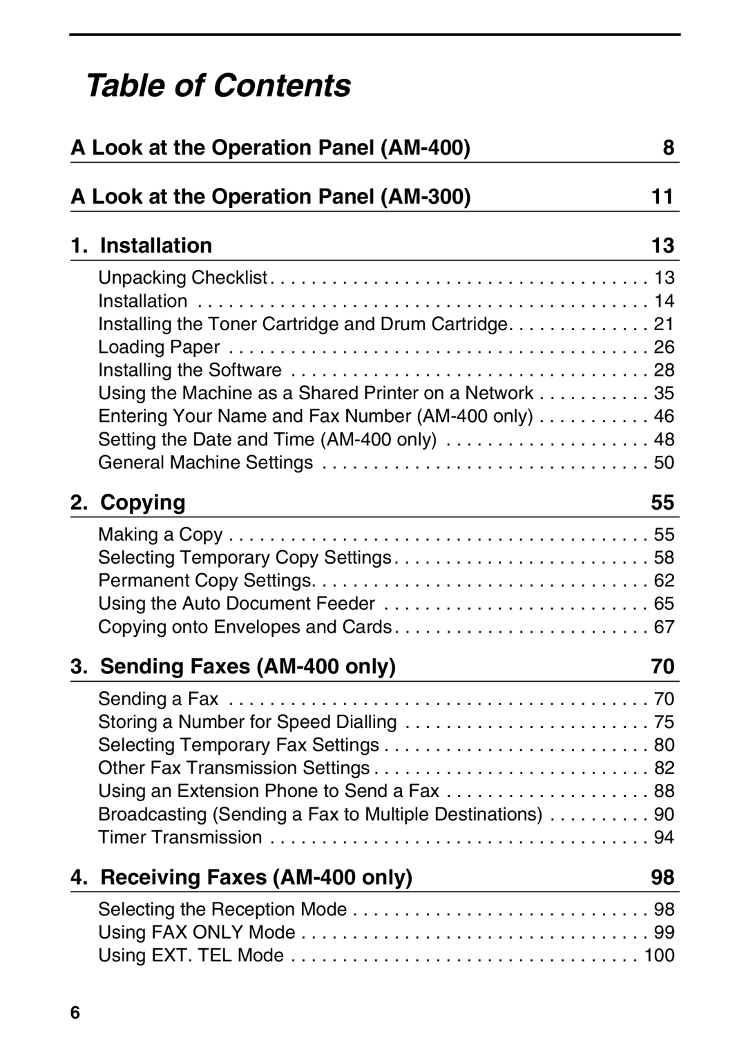 Sharp AM-300 manual Table of Contents 