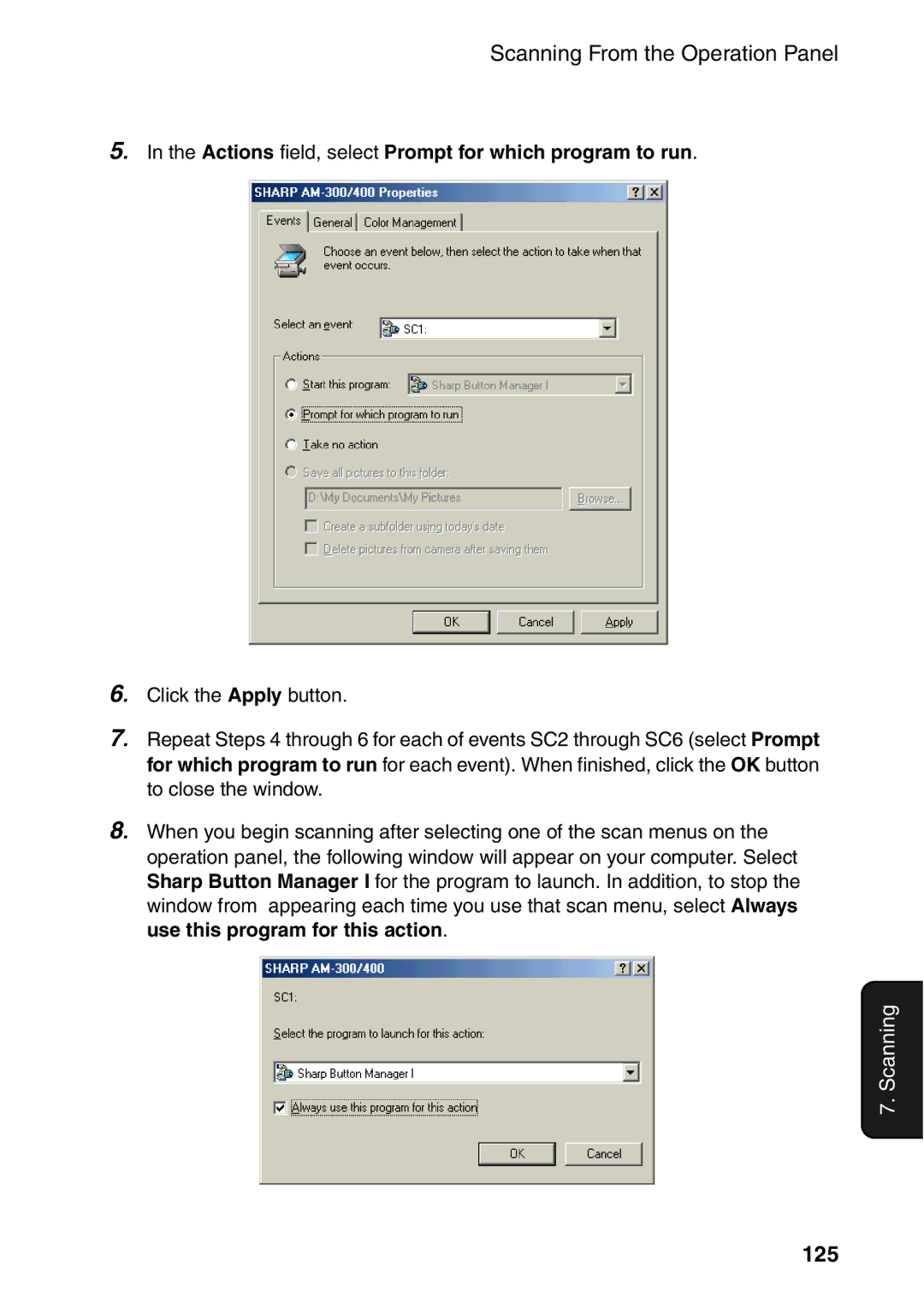 Sharp AM-300 manual 125, Actions field, select Prompt for which program to run, Use this program for this action 