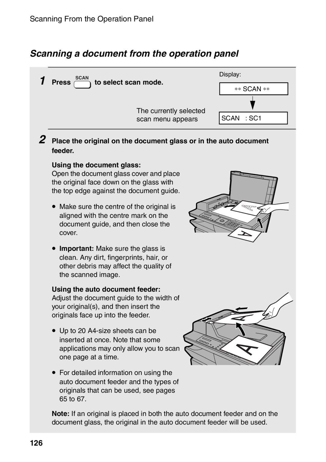 Sharp AM-300 manual Scanning a document from the operation panel, 126, To select scan mode 