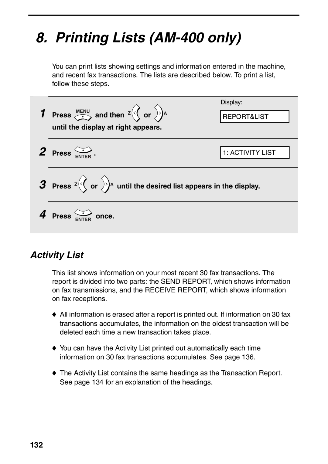 Sharp AM-300 manual Printing Lists AM-400 only, Activity List, 132, Press Menu and then Z 