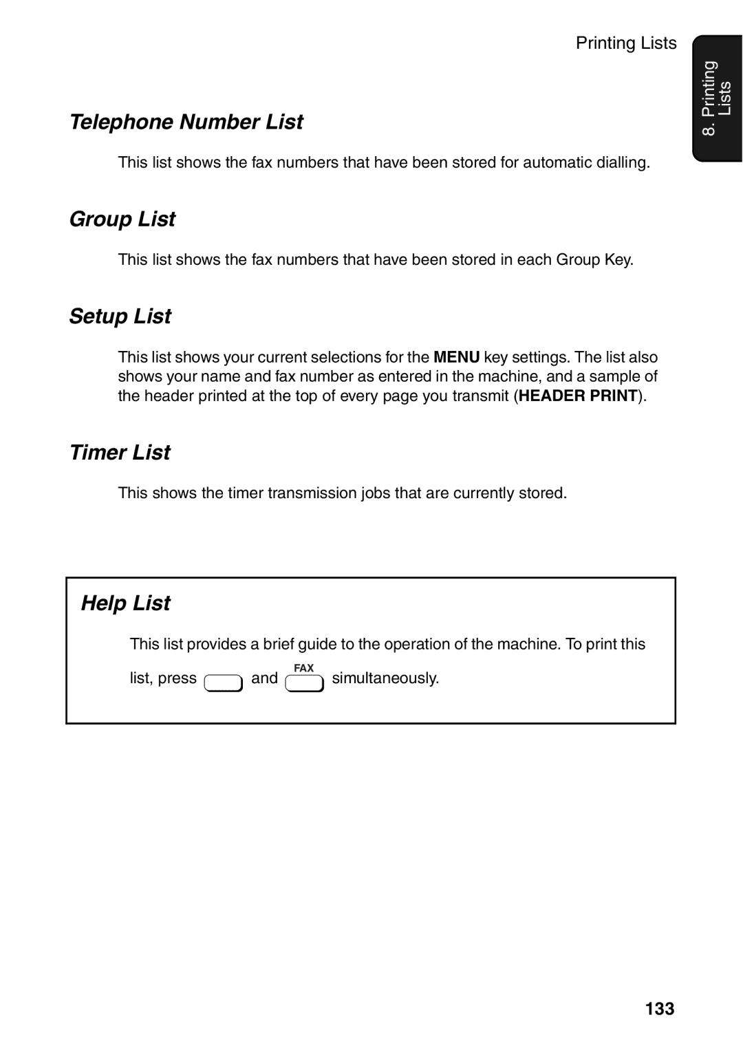 Sharp AM-300 manual Telephone Number List, Group List, Setup List, Timer List, Help List 