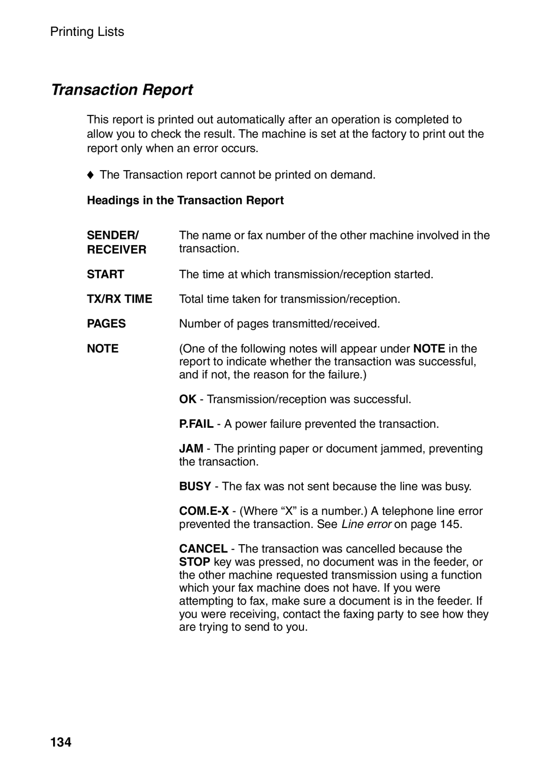 Sharp AM-300 manual 134, Headings in the Transaction Report 