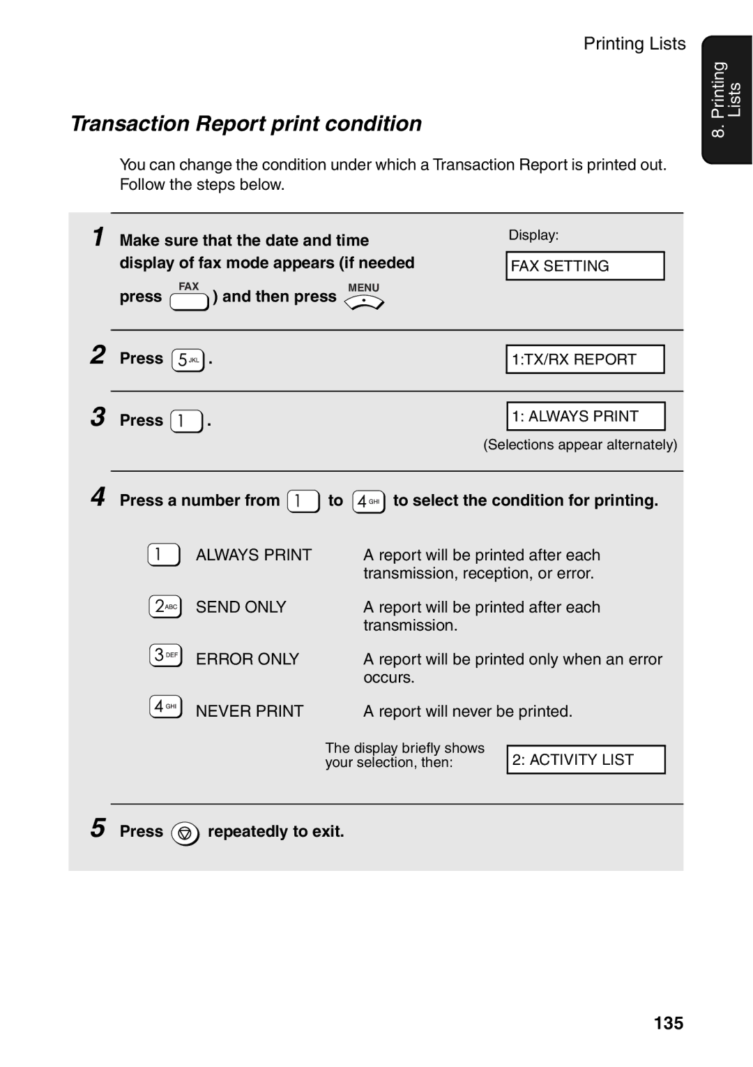 Sharp AM-300 manual Transaction Report print condition, 135, Press a number from To select the condition for printing 