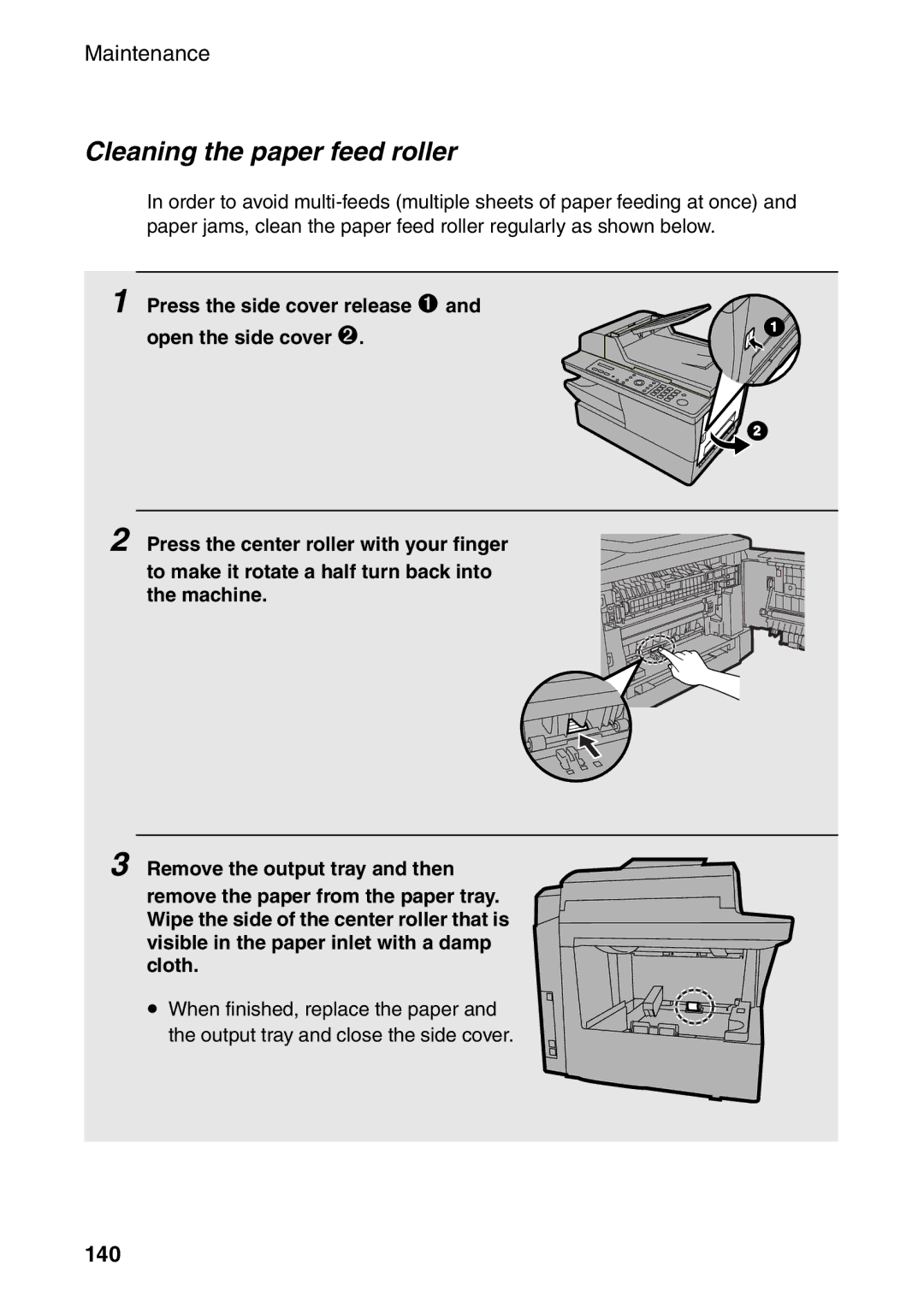 Sharp AM-300 manual Cleaning the paper feed roller, 140, Press the side cover release ➊ 