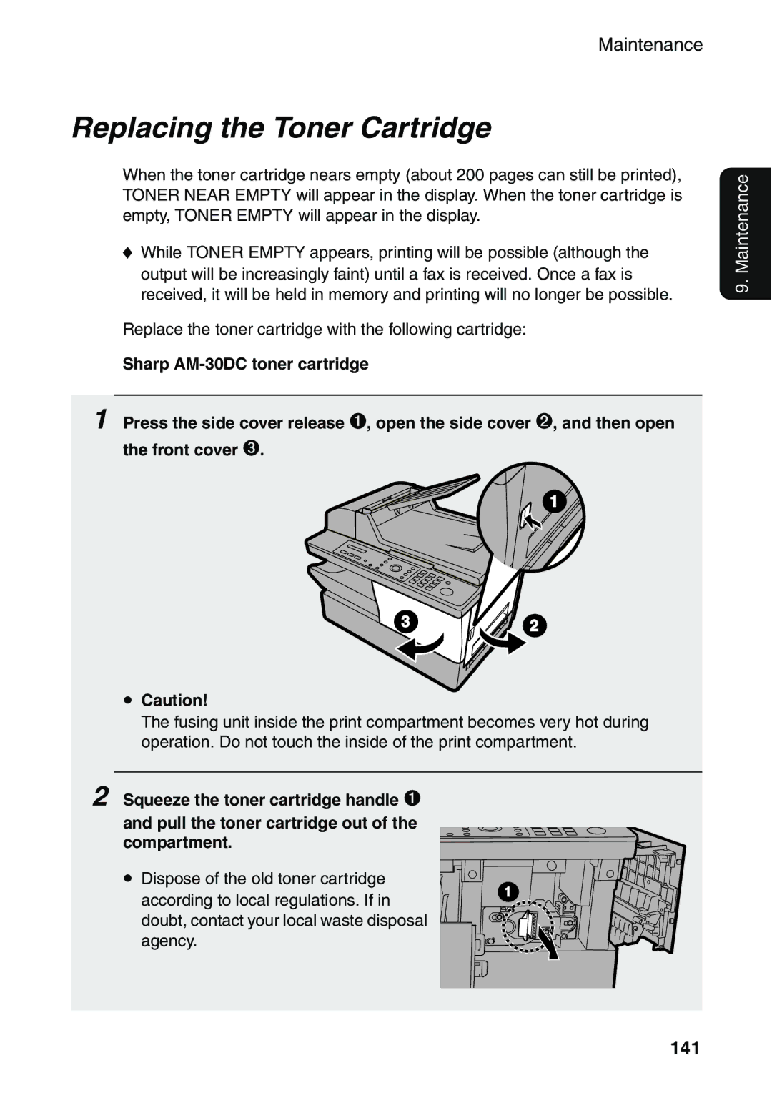 Sharp AM-300 manual Replacing the Toner Cartridge, 141 