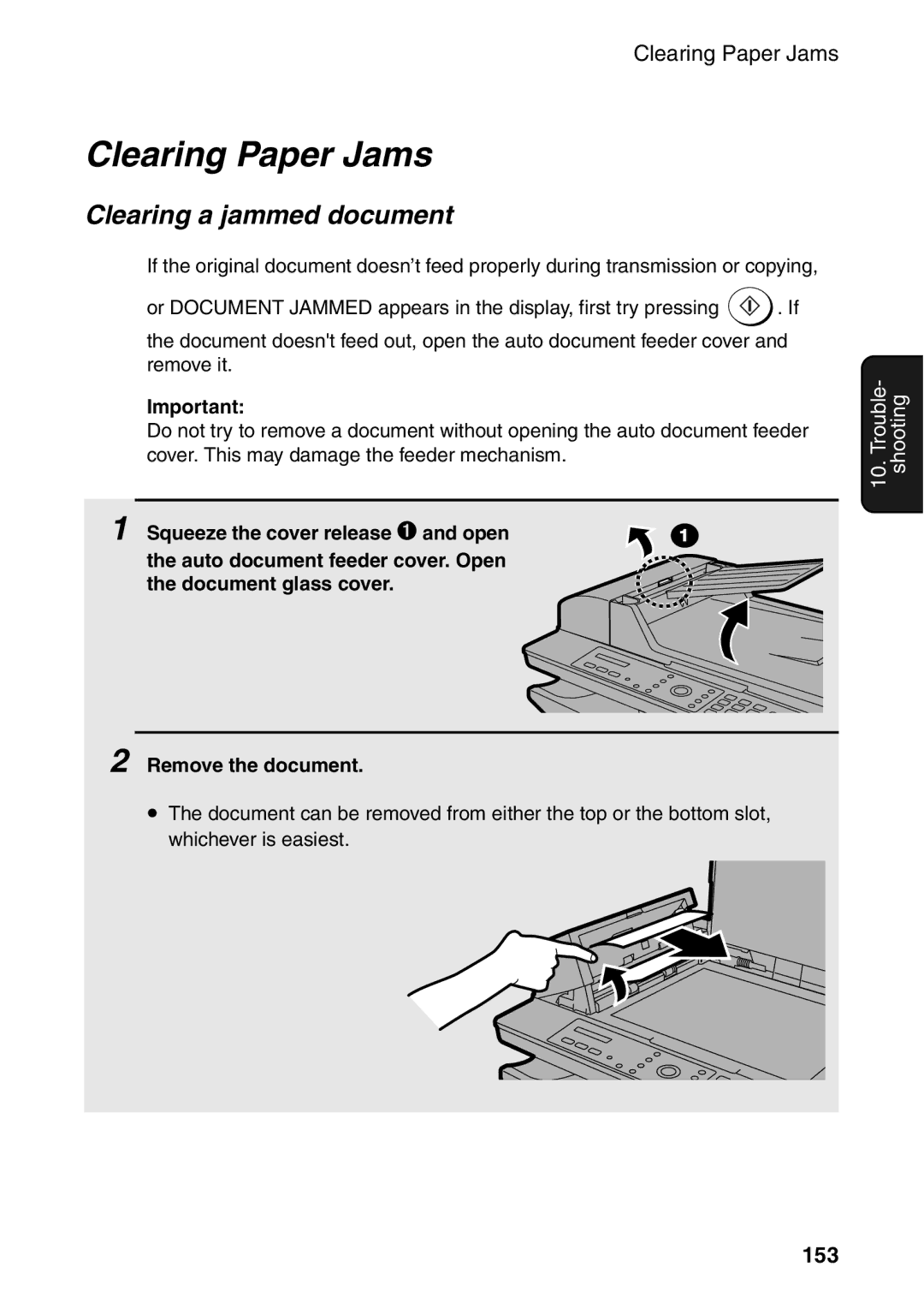 Sharp AM-300 manual Clearing Paper Jams, Clearing a jammed document, 153 