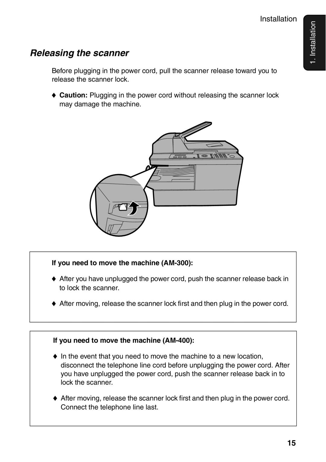 Sharp manual Releasing the scanner, If you need to move the machine AM-300, If you need to move the machine AM-400 