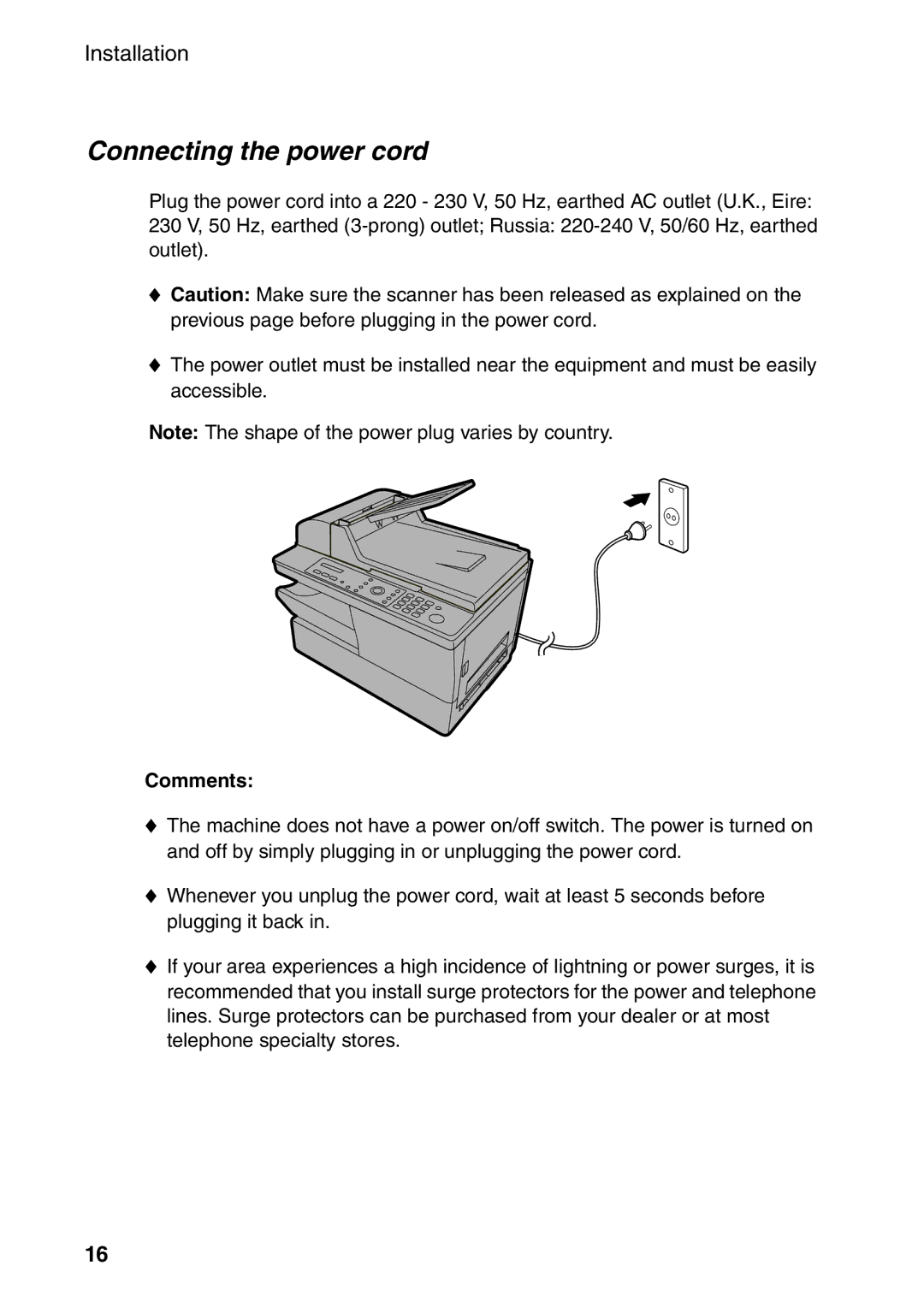 Sharp AM-300 manual Connecting the power cord, Comments 