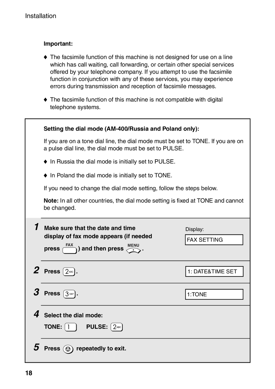 Sharp AM-300 manual Setting the dial mode AM-400/Russia and Poland only, Select the dial mode, Press repeatedly to exit 